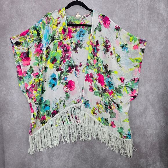 OP White Floral Fringe Boho Beach Swim Cover Up Duster Kimono XL Extra Large - Picture 1 of 6